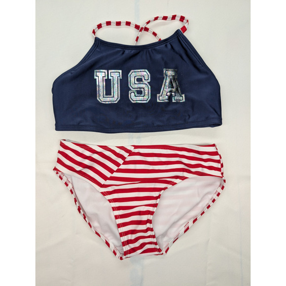 CAT & JACK USA Patriotic Bikini 2 Piece Swimsuit Girl’s Size 10 / 12 Iridescent - Picture 3 of 8